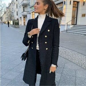 Zara RARE Luxe Classic Timeless Tweed Bouclé Gold Button Long Coat M